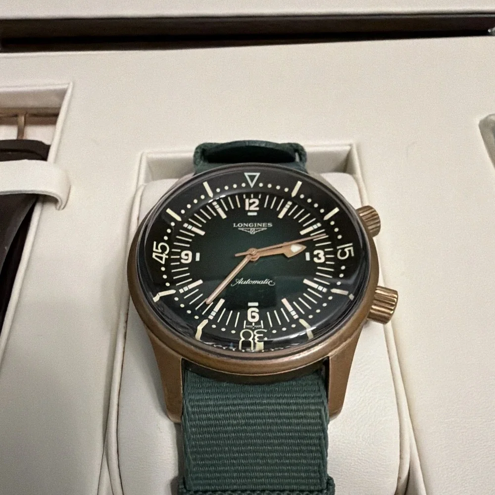 Longines Legend Diver Bronze 42mm Auto Green Dial 300m Box Papers Extra Strap